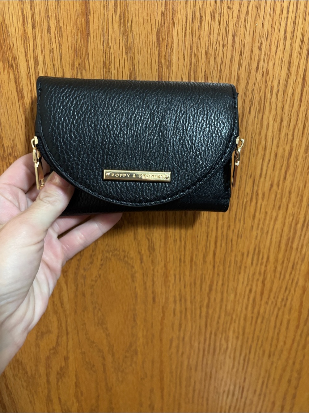 Poppy & Peonies Black Pebbled Leather Mini Wallet with Gold Hardware